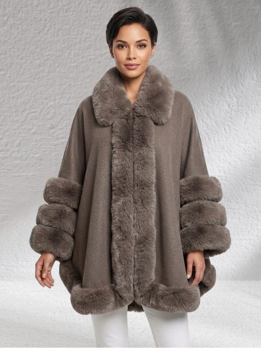 Taupe Faux-Fur Trim Cozy Cape